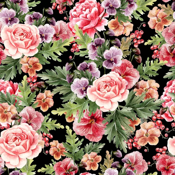 Helles Aquarell nahtloses Muster mit Pfingstrose, Rosen und violetten Blüten, Beeren. — Stockfoto
