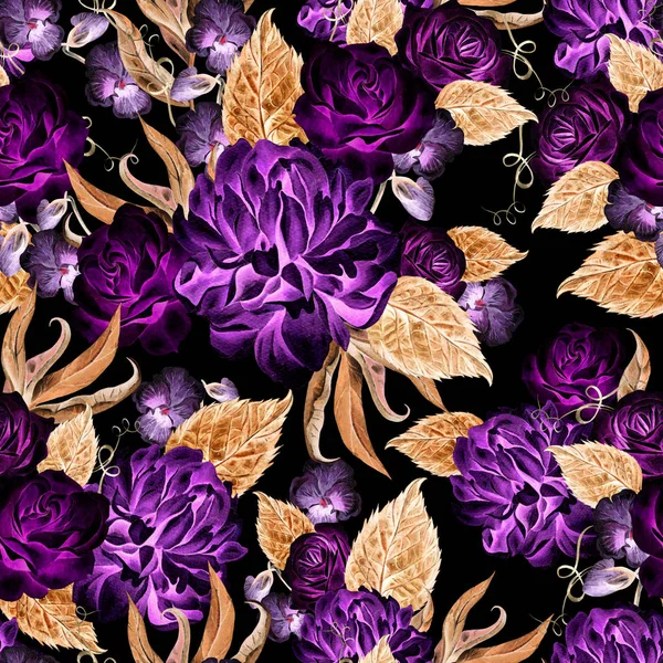 Patrón sin costuras de acuarela brillante con peonía, rosas y flores violetas . — Foto de Stock