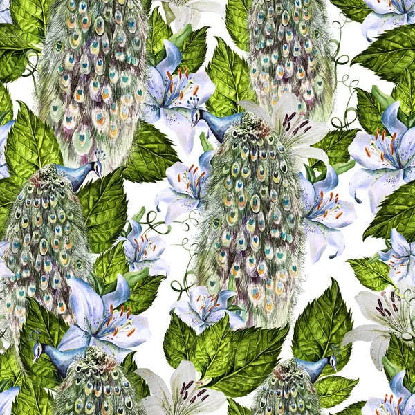 Bright watercolor seamless pattern with wisteria and  lily flowers, peacock bird. — Stock Photo, Image