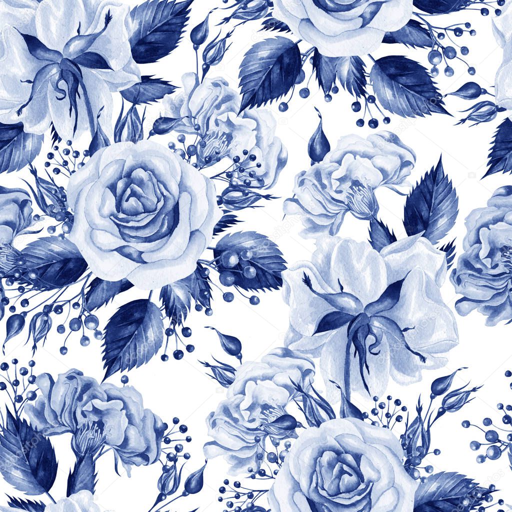 Beautiful watercolor seamless pattern with flowers of rose and peony, berry. 