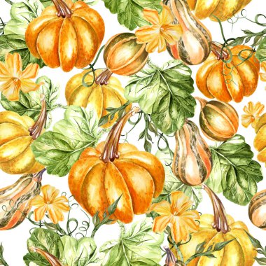 Kabak sebze ve çiçek ile parlak suluboya dikişsiz desen.