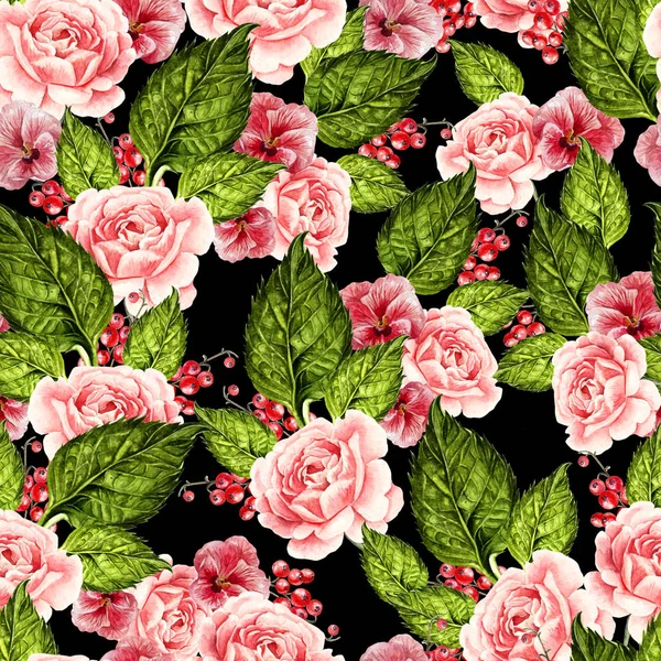 Bright watercolor seamless pattern with peony, roses and violet flowers, berries. 