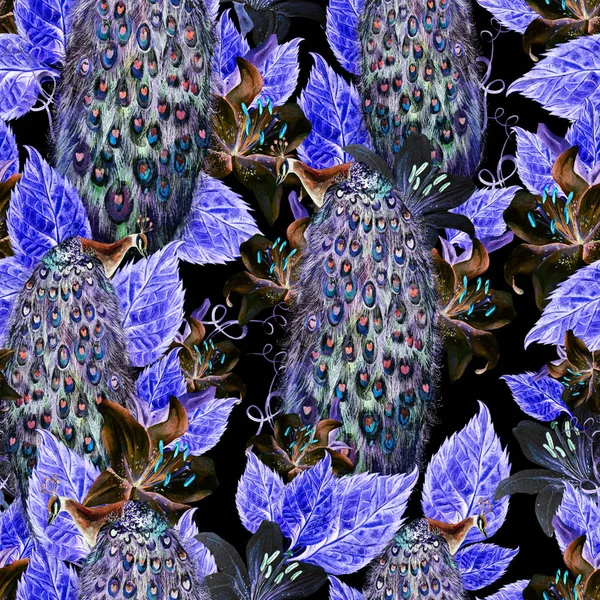 Heldere aquarel naadloze patroon met blauweregen en lelie bloemen, Peacock vogel. — Stockfoto