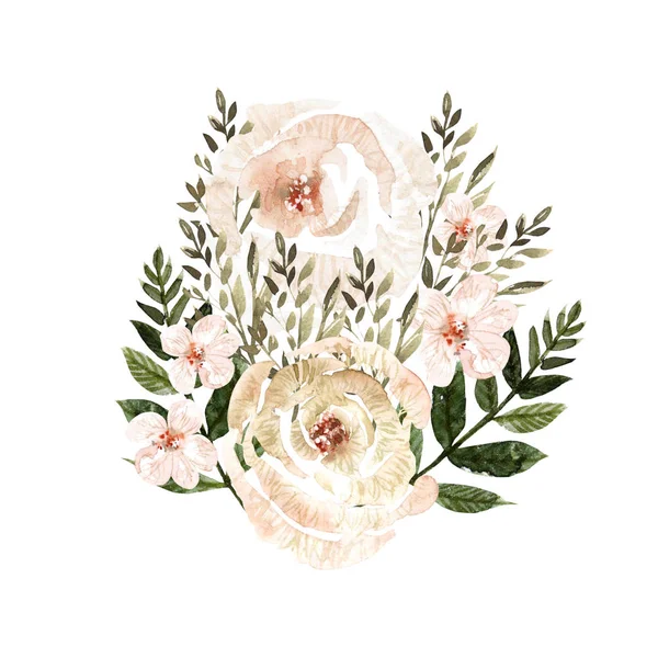 Watercolor bouquet with roses and herbs. — Stock Photo, Image