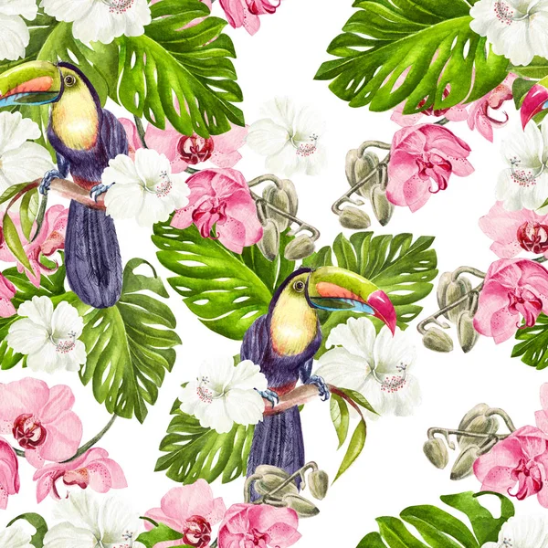 Wunderschönes tropisches Aquarell mit Orchideen, Hibiskusblüten und tropischen Blättern, Vogeltukan. — Stockfoto