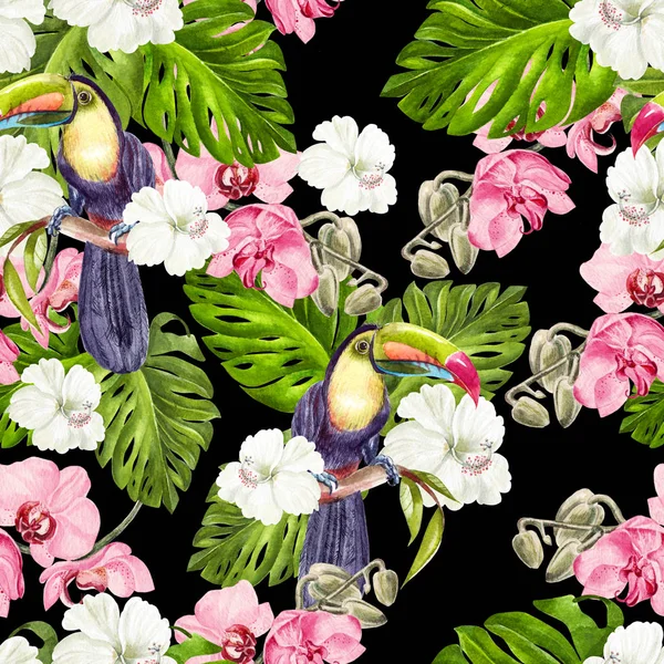 Beautiful watercolor tropical pattern with orchids, hibiscus flowers and tropical leaves, bird tucan.