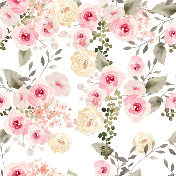 Piękne akwarele bezszwowe wzór z kwiatami róż. — Zdjęcie stockowe