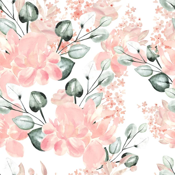 Schönes Aquarell nahtloses Muster mit Pfingstrosenblüten. — Stockfoto