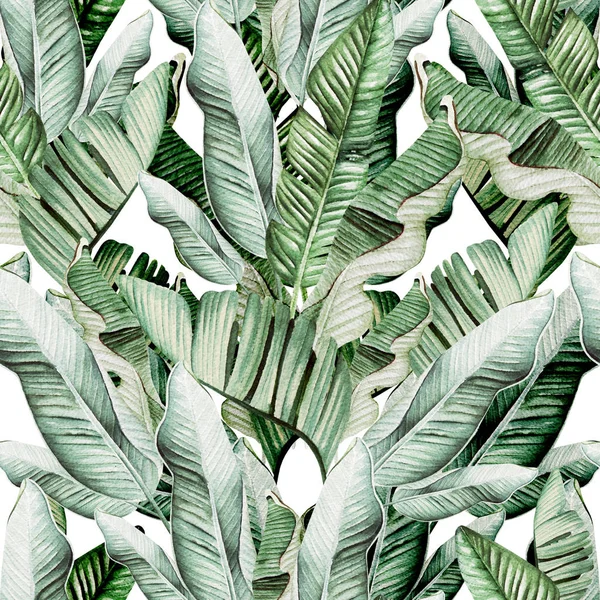 Schöne Aquarell nahtlose Muster mit tropischen Blättern und Bananenblättern. — Stockfoto