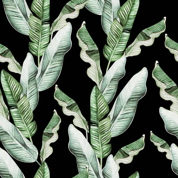 Beautiful watercolor seamless pattern with tropical leaves and banana leaves. — Stock Photo, Image