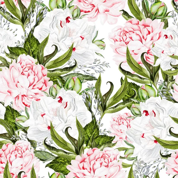 Beautiful watercolor seamless pattern with peony flower. — Stock Photo, Image