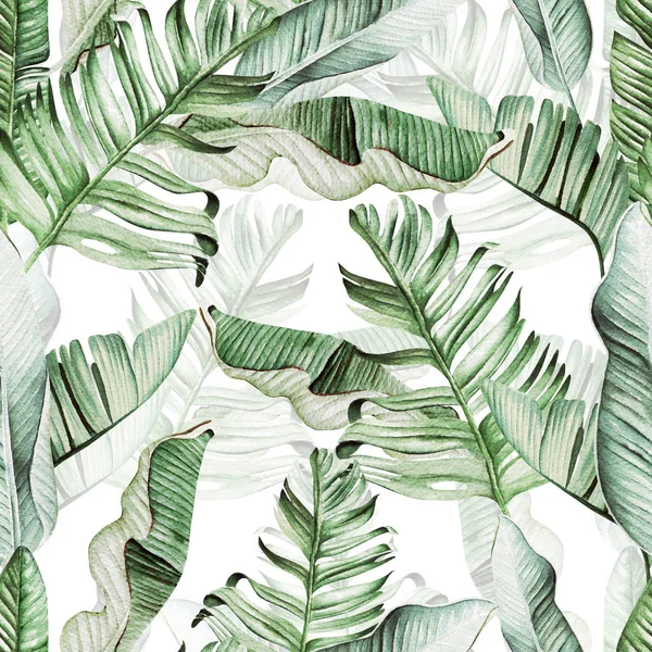 Beautiful watercolor seamless pattern with tropical leaves and banana leaves. 