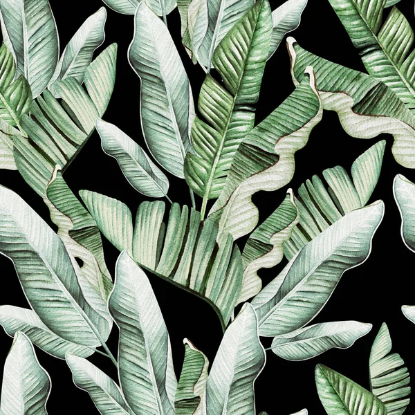Beautiful watercolor seamless pattern with tropical leaves and banana leaves. 