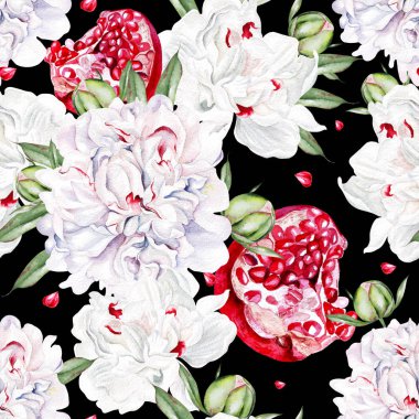 Şakayık çiçek ve nar ile güzel suluboya Dikişsiz desen.