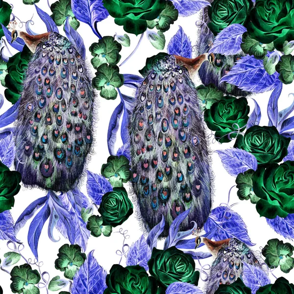 Bright watercolor seamless pattern with violet and roses flowers, peacock bird. — Stock Photo, Image