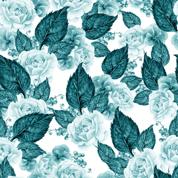 Helles Aquarell nahtloses Muster mit Pfingstrose, Rosen und violetten Blüten, Beeren. — Stockfoto