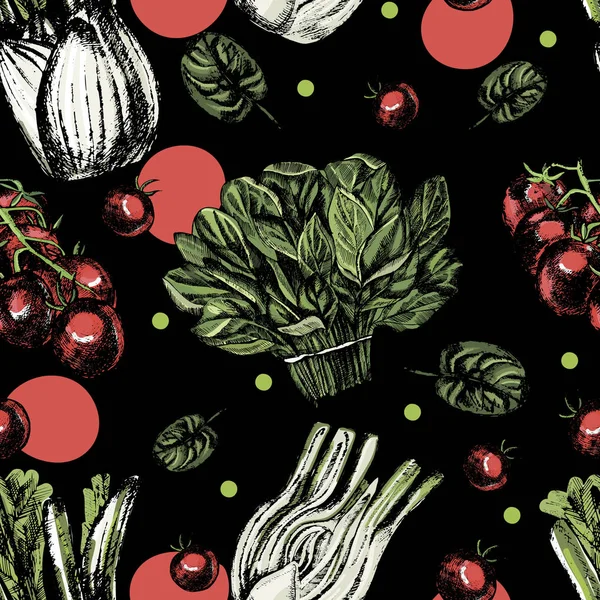 Beautiful watercolor seamless pattern with tomatoes, spinach and fennel. — Stock Photo, Image