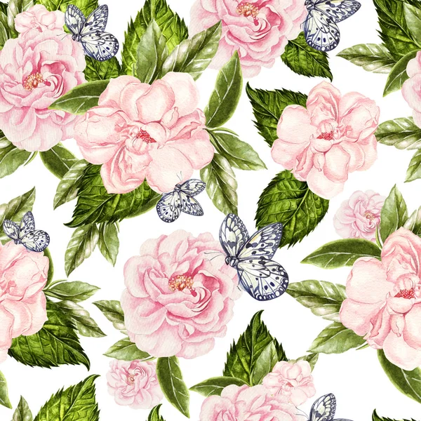 Beautiful watercolor seamless pattern with flowers of rose and peony, butterflies. — Stock Photo, Image
