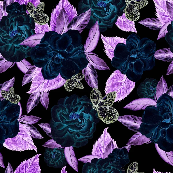 Gyönyörű akvarell varrat nélküli mintával, virágok rózsa és bazsarózsa, pillangók. — Stock Fotó