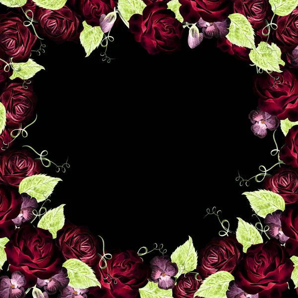 Όμορφη ζωγραφική γαμήλια κάρτα με τριαντάφυλλα λουλούδια και βιολετί. — Φωτογραφία Αρχείου