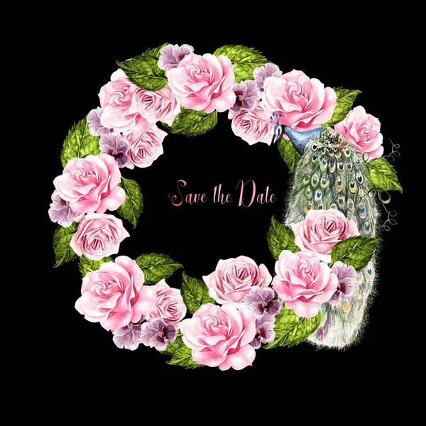 孔雀、バラとスミレの花と美しい水彩の結婚式の花輪. — ストック写真