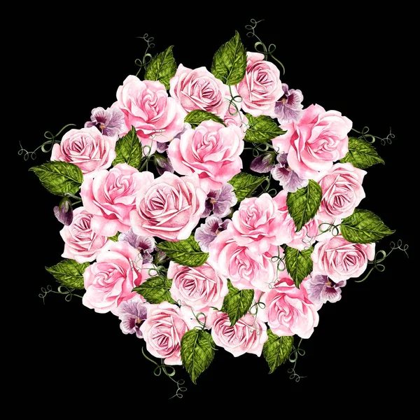 Hermoso ramo de boda de acuarela con flores de rosa y violetas . — Foto de Stock