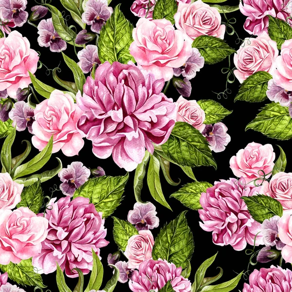 Bright watercolor seamless pattern with peony, roses and violet flowers. — Stock Photo, Image