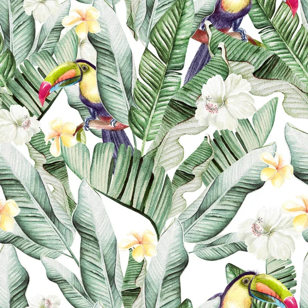 Beautiful watercolor seamless pattern with tropical leaves and banana leaves, tukan birds and hibiscus flowers. — Stock Photo, Image