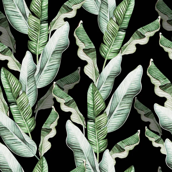 Beautiful watercolor seamless pattern with tropical leaves and banana leaves. — Stock Photo, Image