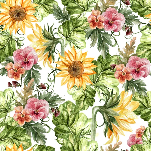 Bright watercolor autumn seamless pattern with flowers of sunflower and violets. — Stock Photo, Image