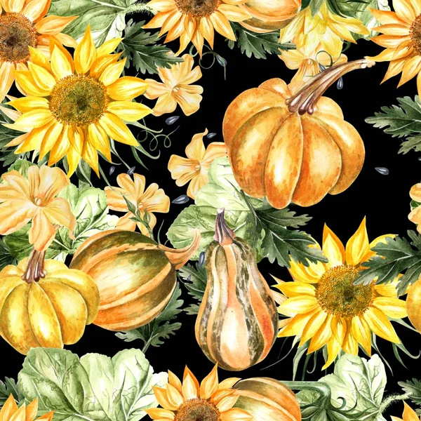 Bright watercolor seamless pattern with pumpkin vegetables and sunflowers. — Stock Photo, Image