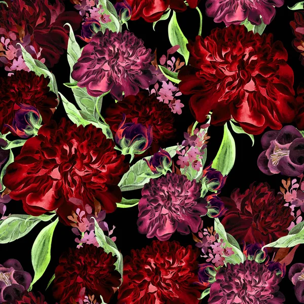 Acuarela brillante patrón sin costuras con flores de peonía . —  Fotos de Stock