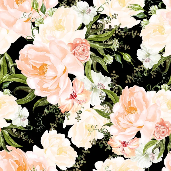 Bright akvarell sömlösa mönster med pion blommor och hibiskus. — Stockfoto