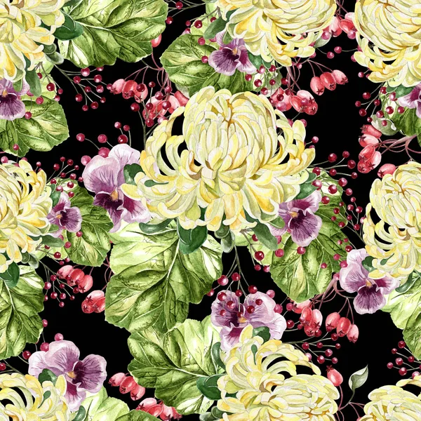 Bright watercolor autumn seamless pattern with flowers of chrysanthemum and violets. — Stock Photo, Image