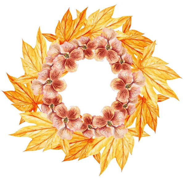 Belle couronne d'automne aquarelle avec des feuilles et des culottes orange . — Photo