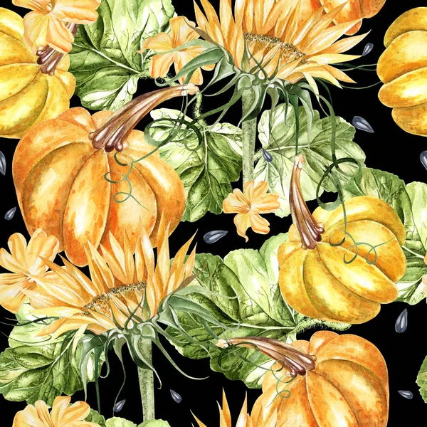 Bright watercolor seamless pattern with pumpkin vegetables and sunflowers. — Stock Photo, Image