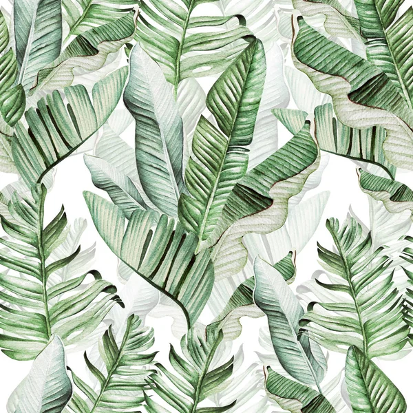 Beautiful watercolor seamless pattern with tropical leaves and banana leaves. — Stock Photo, Image