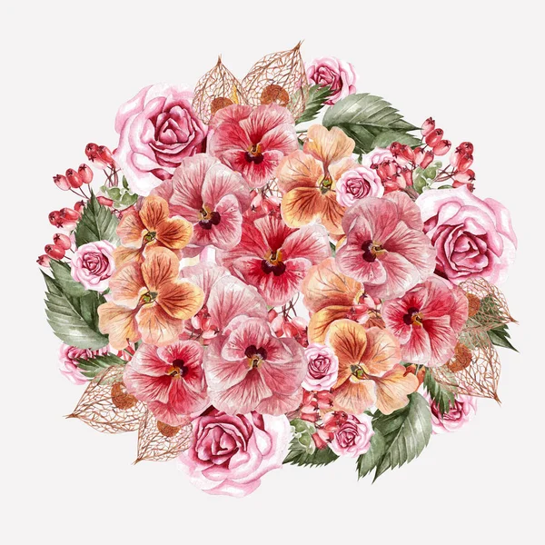 Schöne Aquarell-Hochzeitsstrauß mit Aquarell-Rosen und Stiefmütterchen Blüten, Blätter und Hagebutte. — Stockfoto