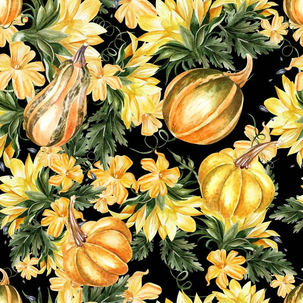 Bright watercolor seamless pattern with pumpkin vegetables and sunflowers. — Stock Photo, Image