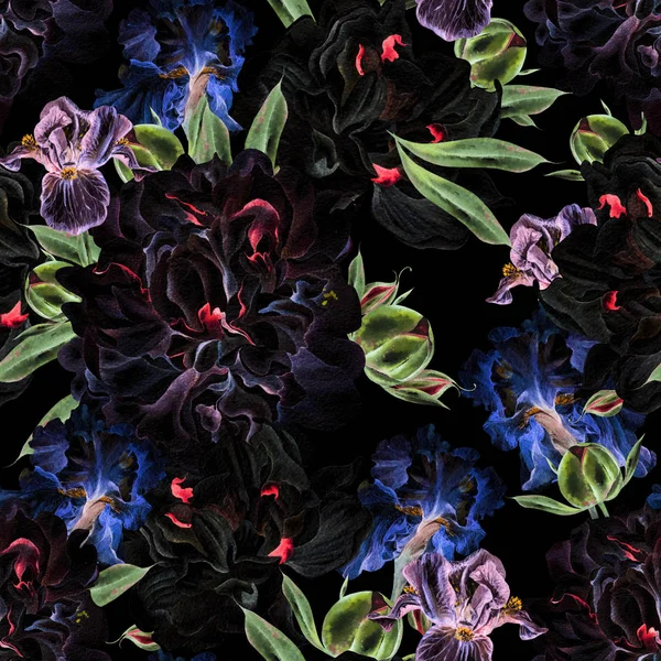 Schöne Aquarell nahtlose Muster mit Pfingstrose Blume und Iris. — Stockfoto