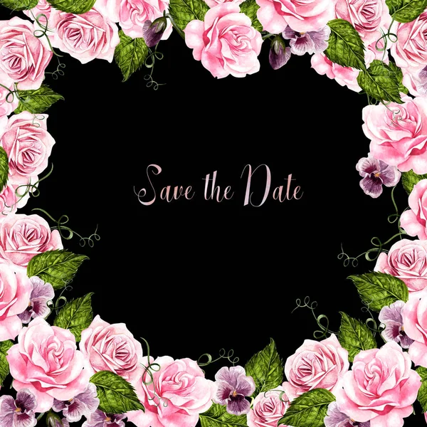 Piękne akwarela ślub karty z kwiatami róż i fioletowy. — Zdjęcie stockowe