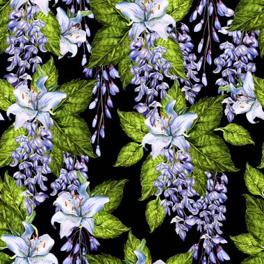 Wisteria ve zambak çiçekleri ile parlak suluboya dikişsiz desen. 