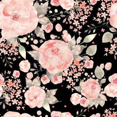 Gül ve şakayık çiçekleri ile parlak renkli dikişsiz desen. 