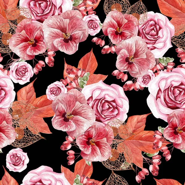 Красивий акварельний візерунок з осіннім листям, циганками та квітами троянд, шипшиною . — стокове фото