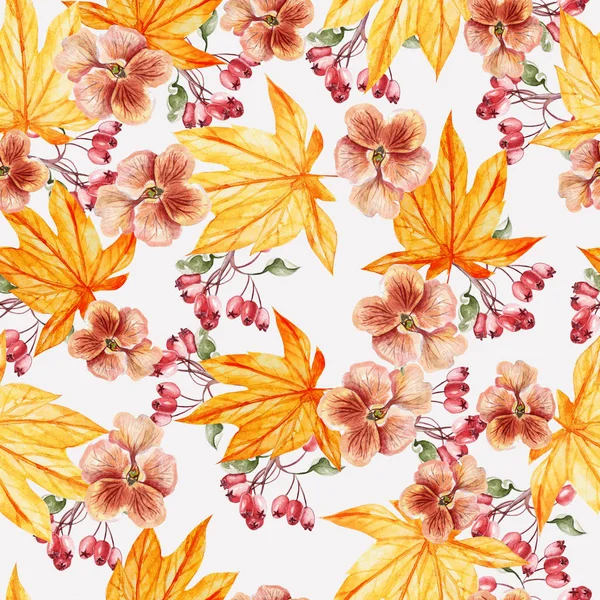 Όμορφο μοτίβο υδατογραφίων με τα φύλλα του φθινοπώρου, πανσέδες λουλούδια και τριανταφυλλιάς. — Φωτογραφία Αρχείου