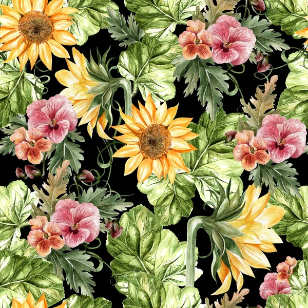 Bright watercolor autumn seamless pattern with flowers of sunflower and violets. — Stock Photo, Image