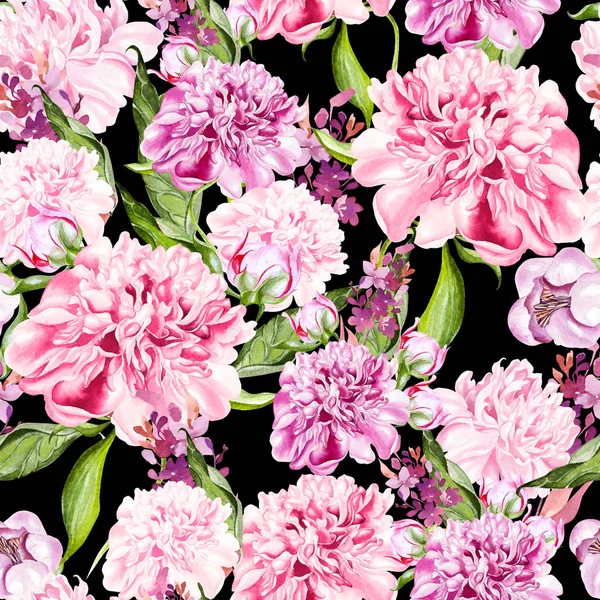 Luminoso acquerello modello senza soluzione di continuità con fiori di peonia . — Foto Stock