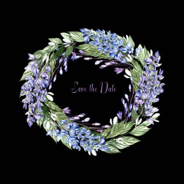 Wisteria ve kardelen çiçekleri ile güzel suluboya çelenk.