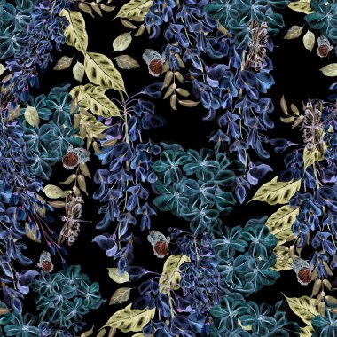 Wisteria ve plumbago çiçekleri ile güzel suluboya dikişsiz desen.