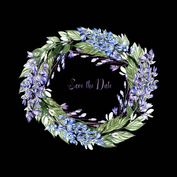 Beautiful watercolor wreath  with flowers of wisteria and snowdrops. — Stock Photo, Image